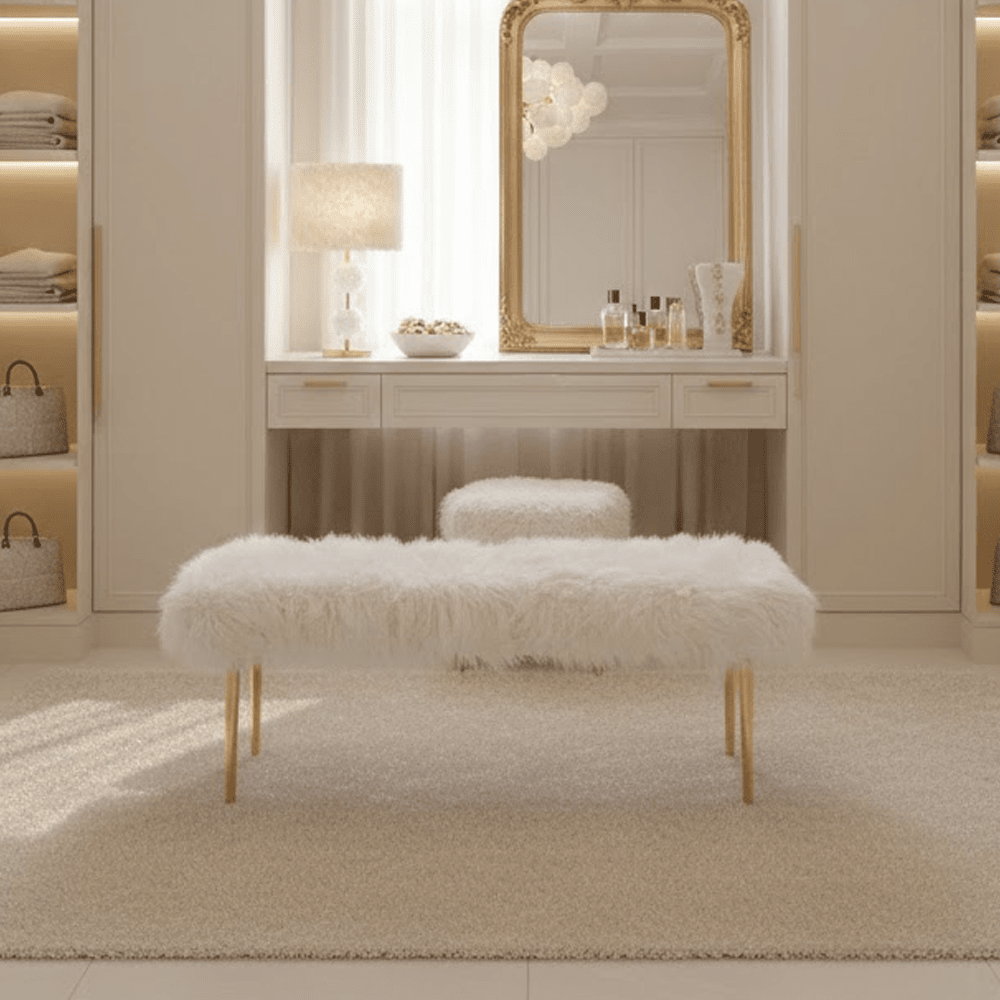 Elinor White Faux Fur Bench with Gold Legs Furniture