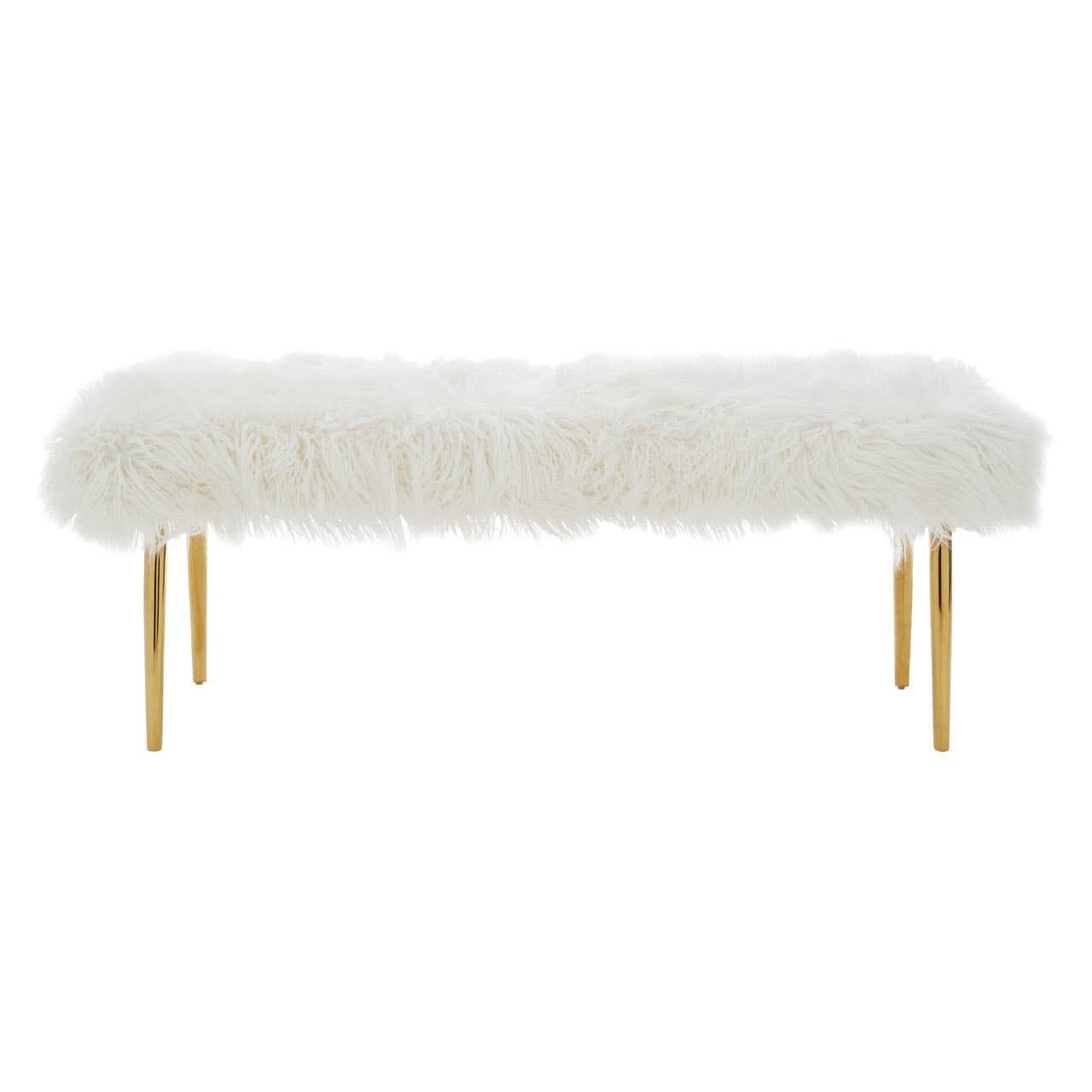 Elinor White Faux Fur Bench with Gold Legs Furniture