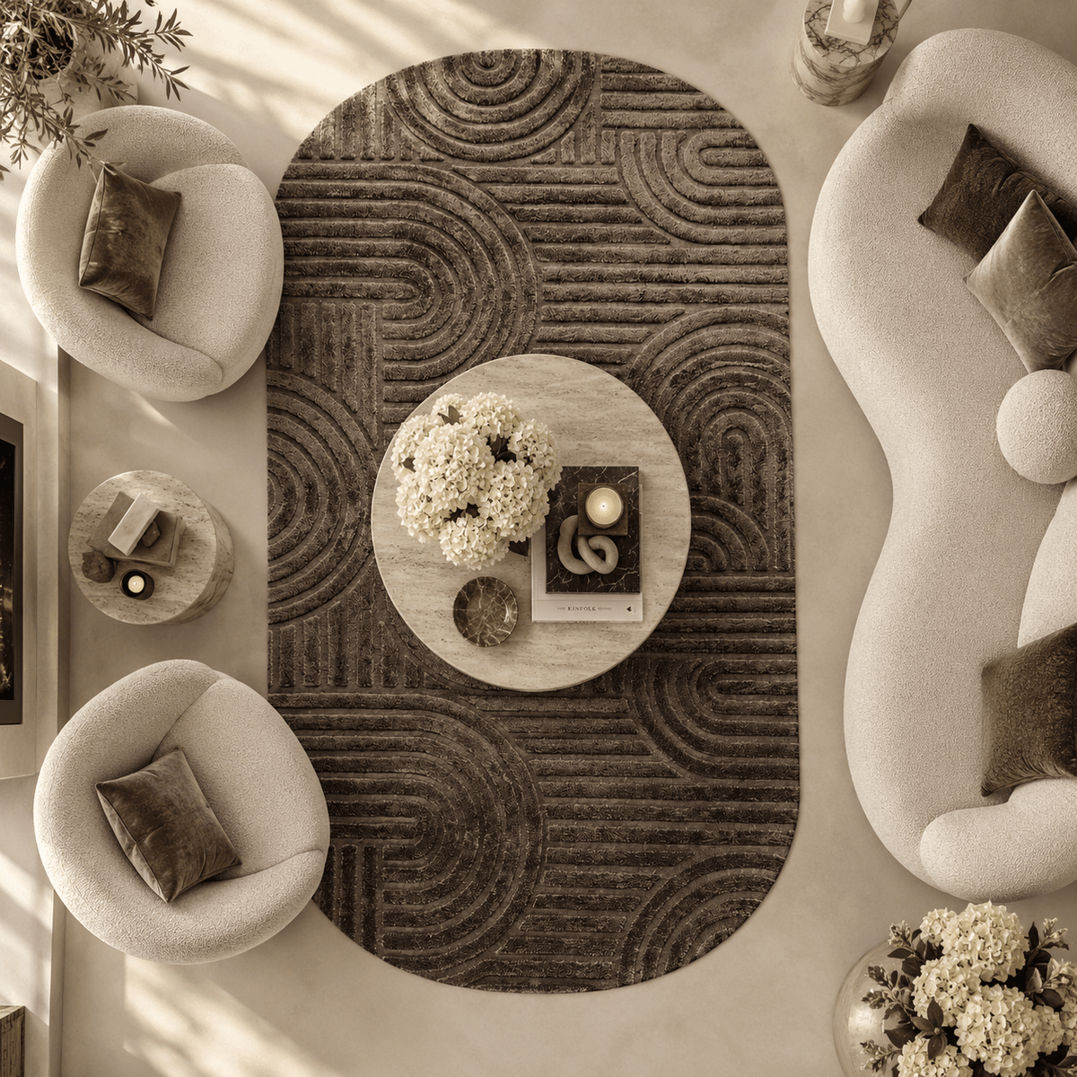 Elordie Chocolate Brown Patterned Rounded Edge Rug Textiles