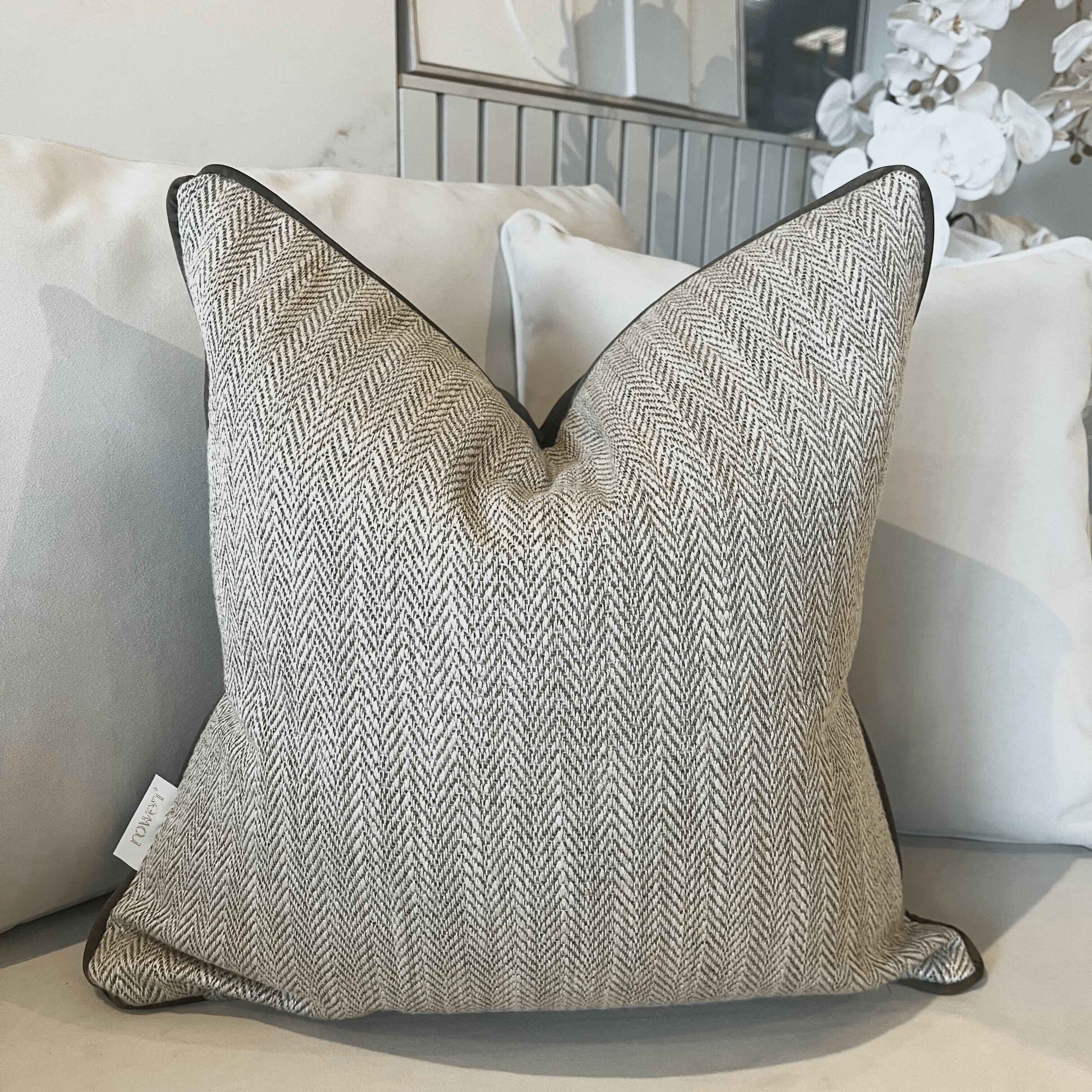 Elsie Brown Herringbone Reversible Cushion with Satin Piping - 50x50cm Textiles