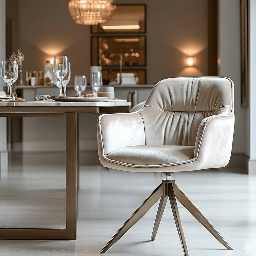Elvinne Beige Velvet Swivel Dining Chair with Brass Base Furniture