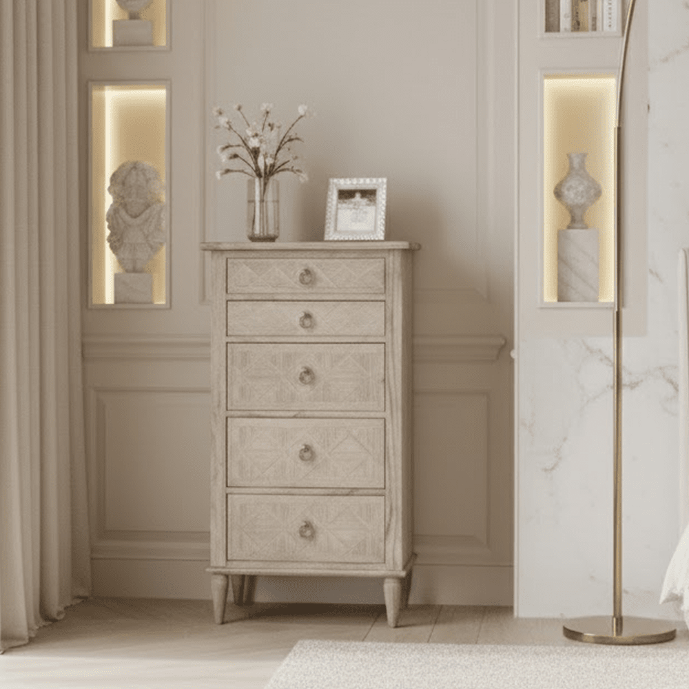 Elysium Natural Wood 5 Drawer Tall Chest Furniture