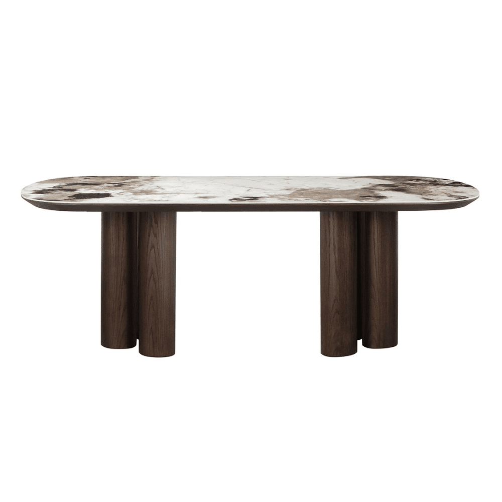 Estrille Brown Oak Veneer Oval Dining Table with Faux Marble Top Furniture
