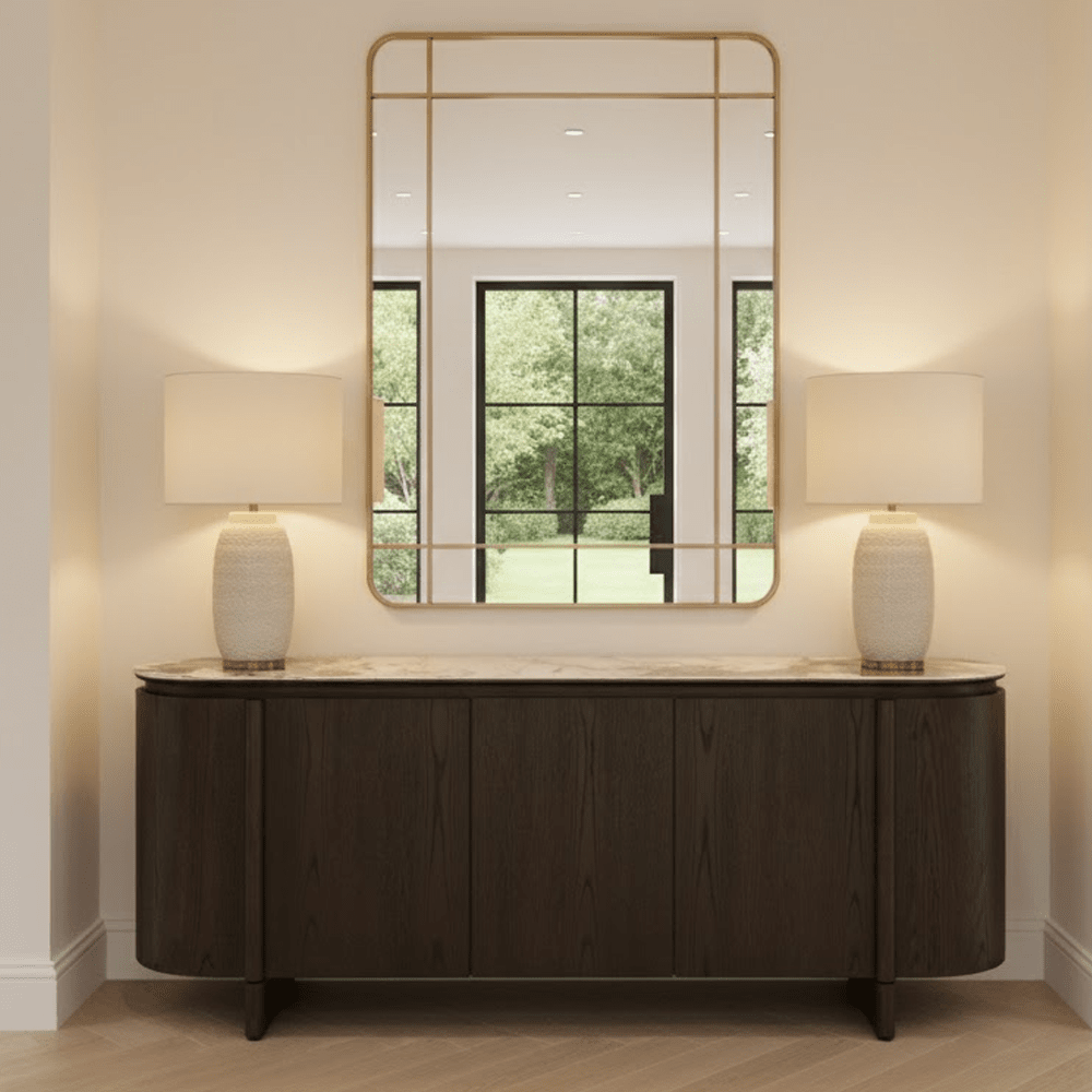 Estrille Brown Oak Veneer Oval Sideboard with Faux Marble Top Furniture