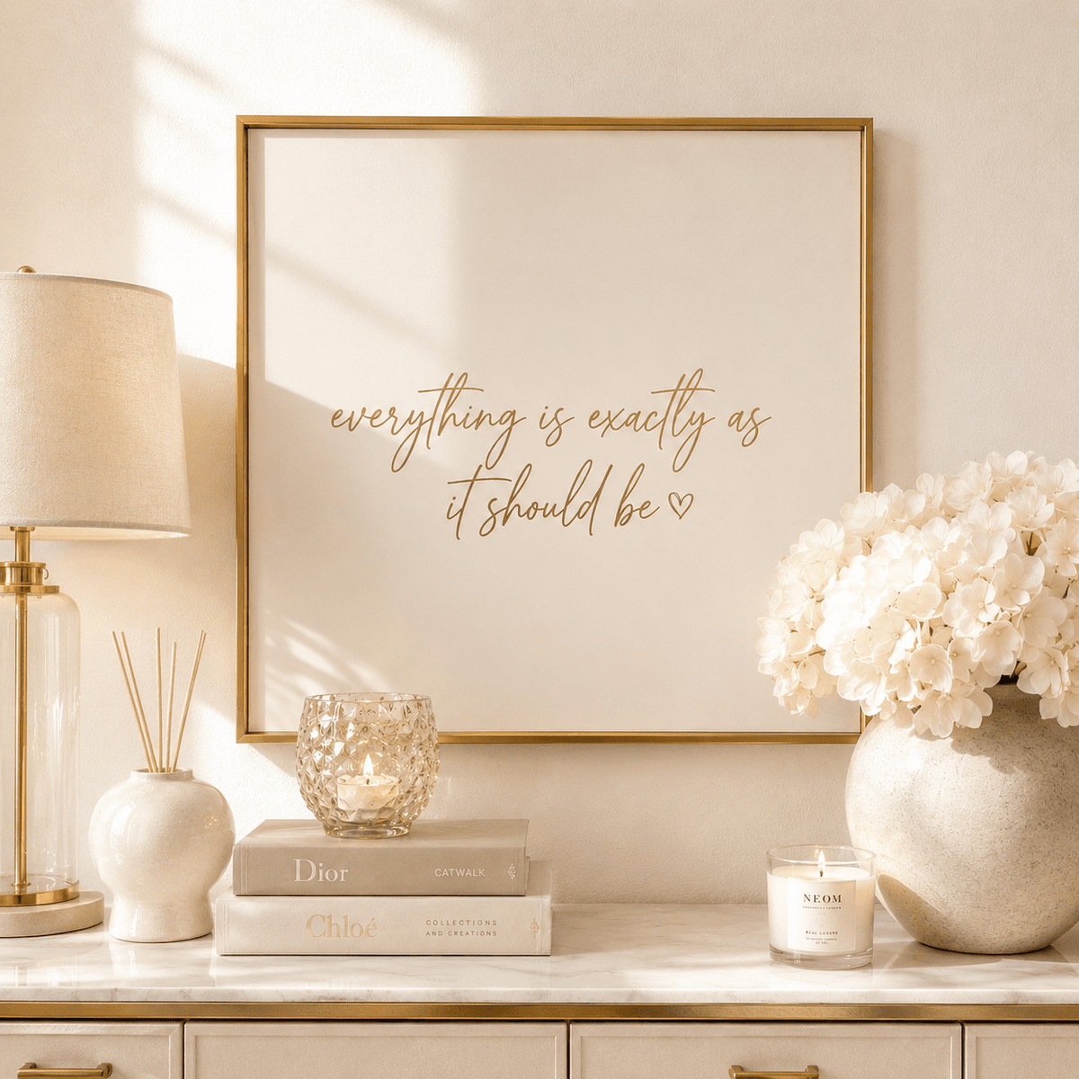 'Everything is Exactly as it Should Be' Cream & Gold Framed Canvas Wall Art Accessories