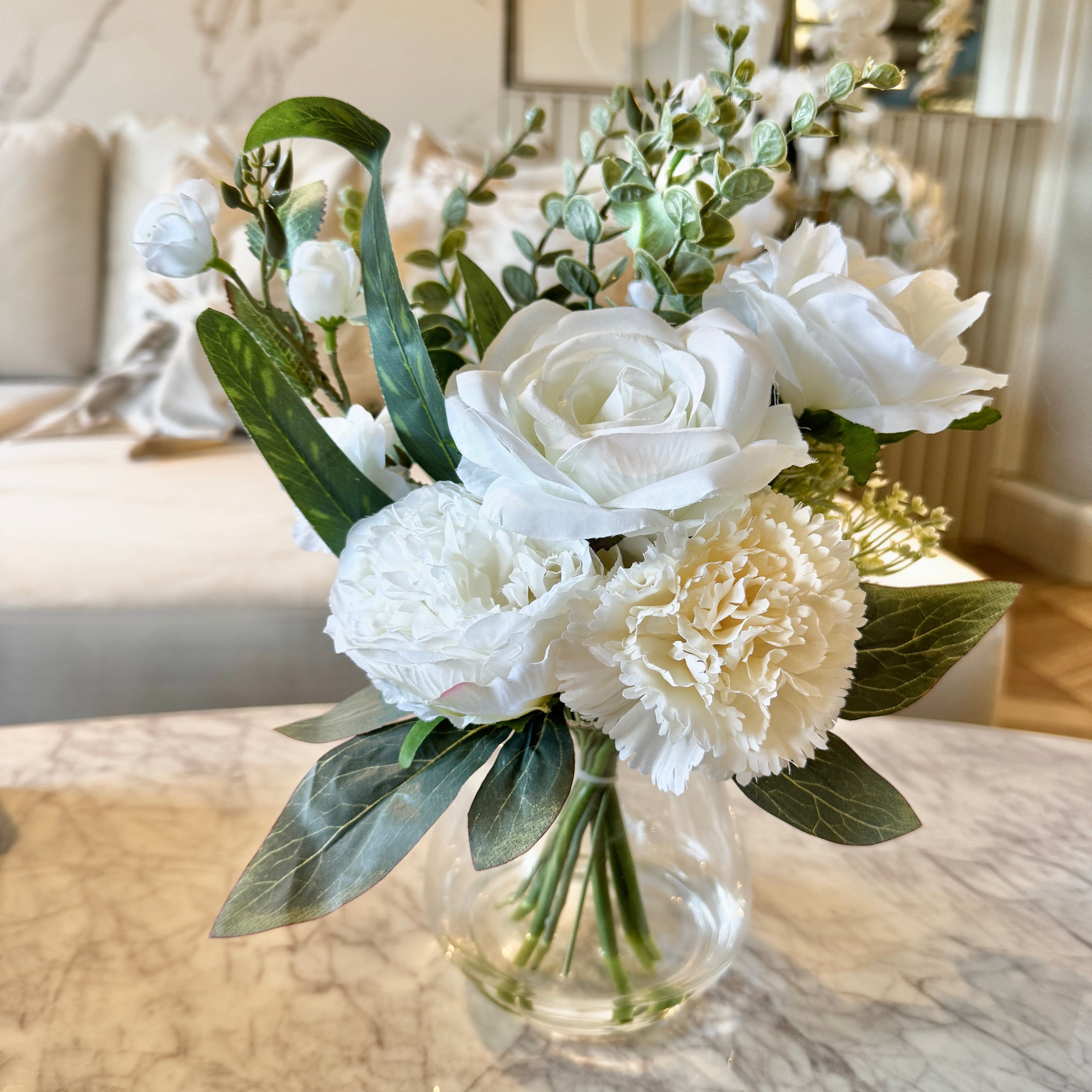 Faux Cream Rose Floral Arrangement in Glass Vase Accessories