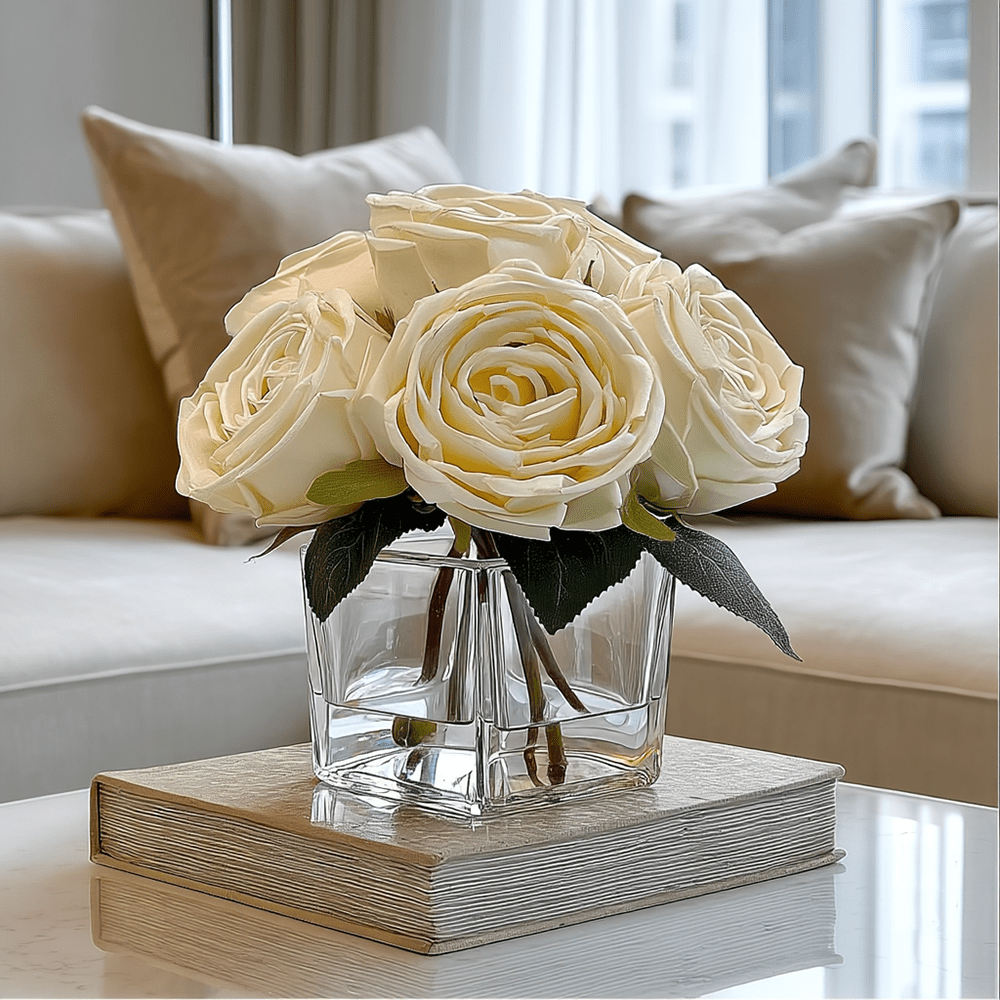 Faux Cream Rose Floral Arrangement in Square Glass Vase Accessories
