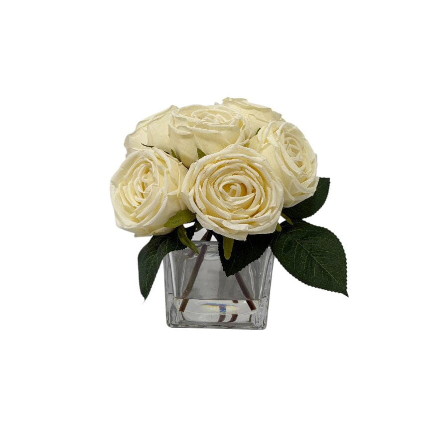 Faux Cream Rose Floral Arrangement in Square Glass Vase Accessories