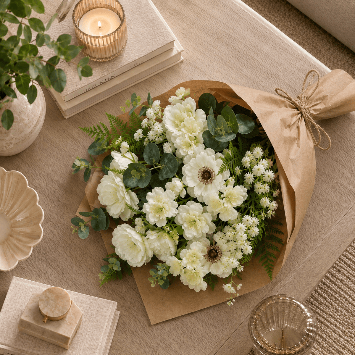 Faux Green & White Floral Wrapped Bouquet Accessories