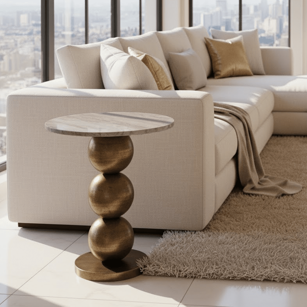 Fioelle Brass Side Table with Beige Marble Top Furniture