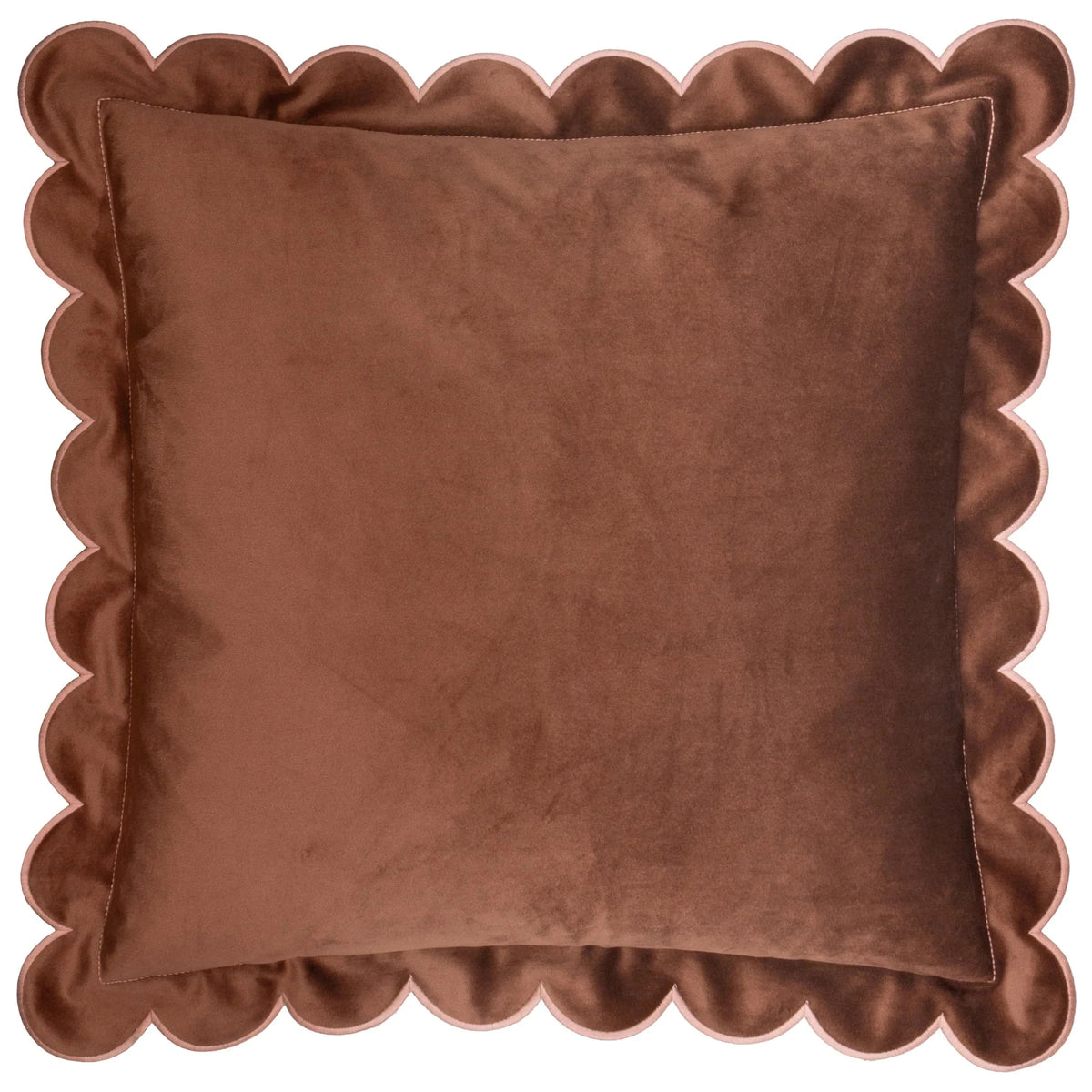 Fiore Brown Velvet Scalloped Edge Cushion Cover with Pink Trim - 45x45cm Textiles