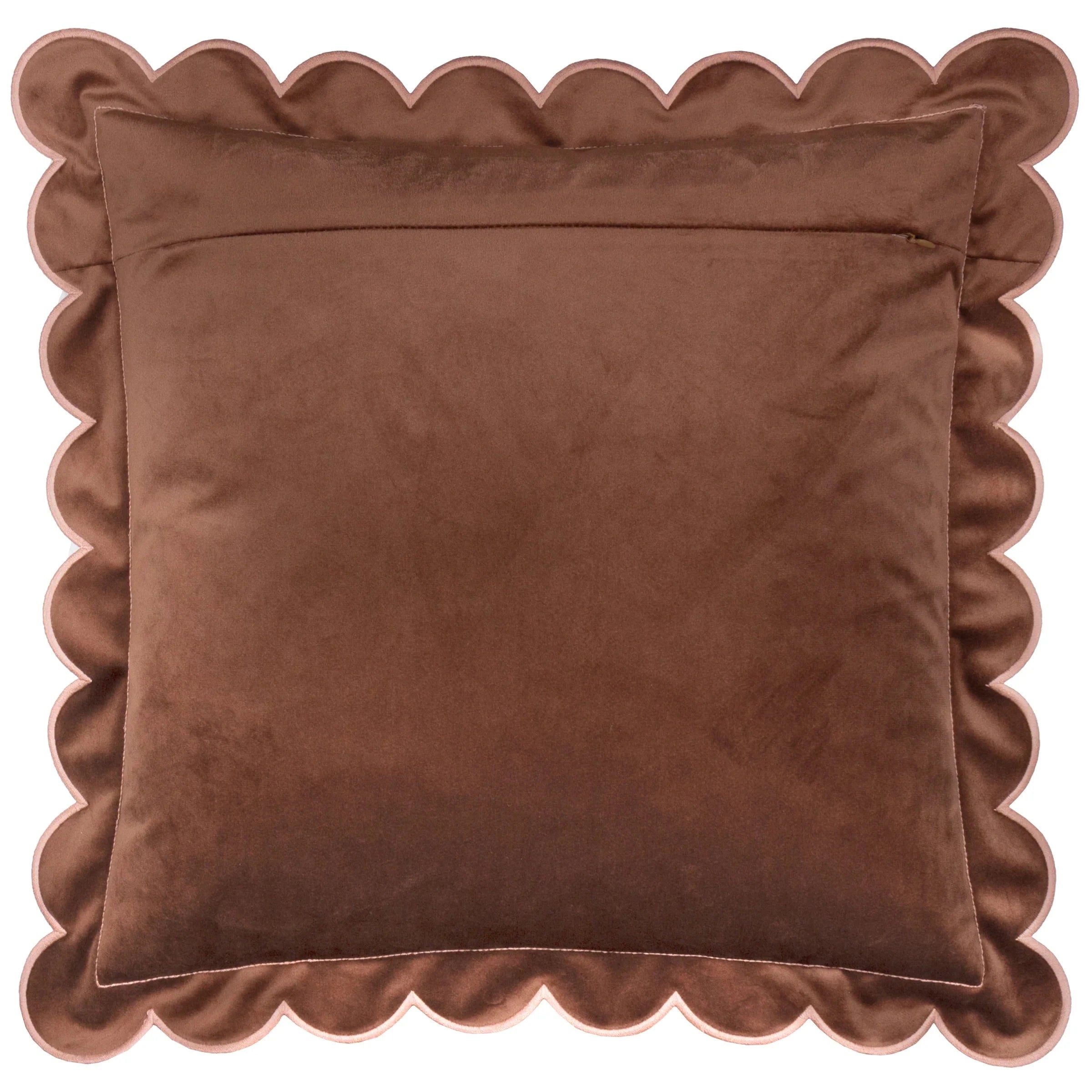 Fiore Brown Velvet Scalloped Edge Cushion with Pink Trim- 45x45cm