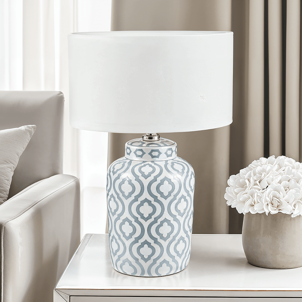 Gatsby Grey & White Patterned Ceramic Table Lamp with White Shade Lighting