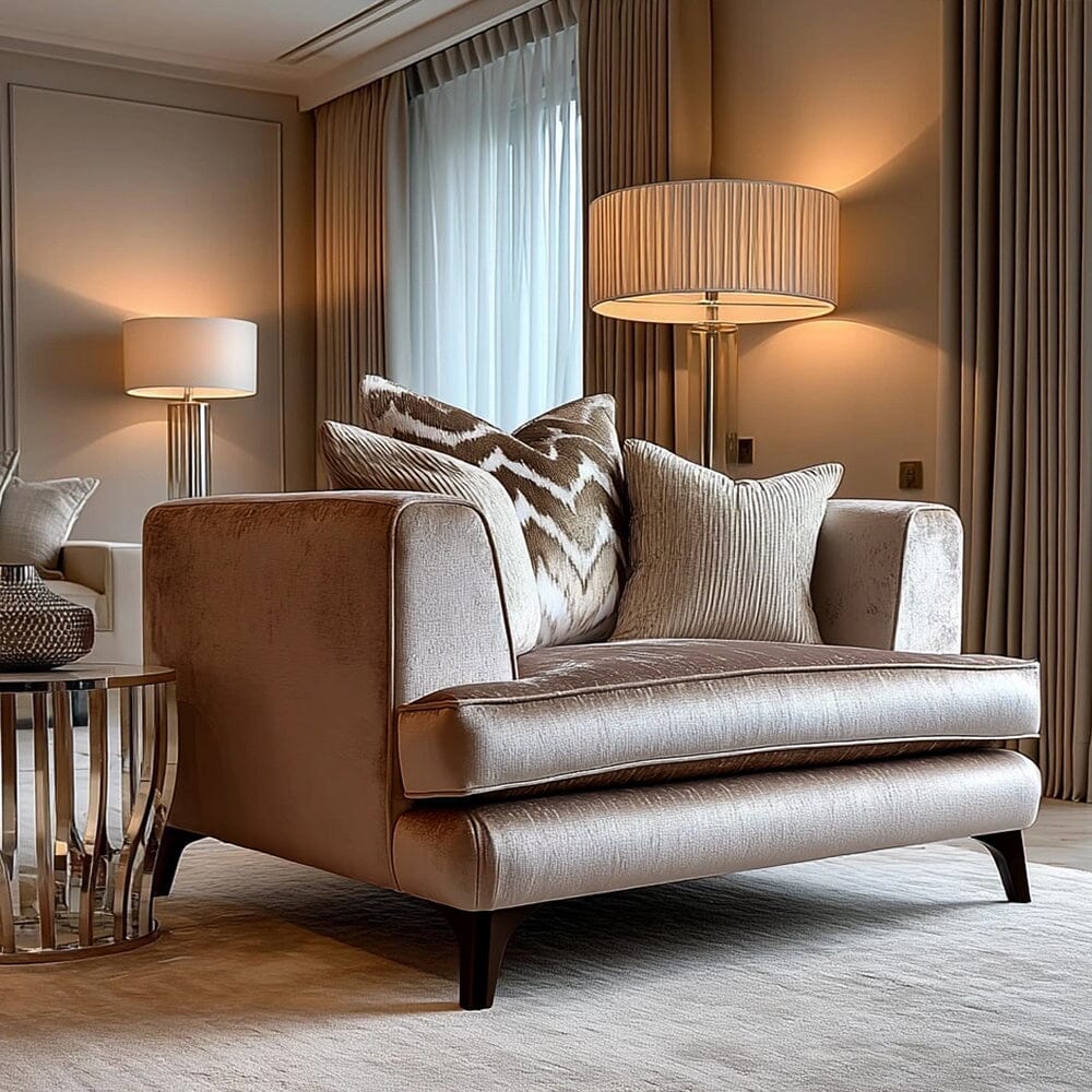 Gisele Mink Textured Chenille Pillowback Love Seat with Walnut Legs Sofa