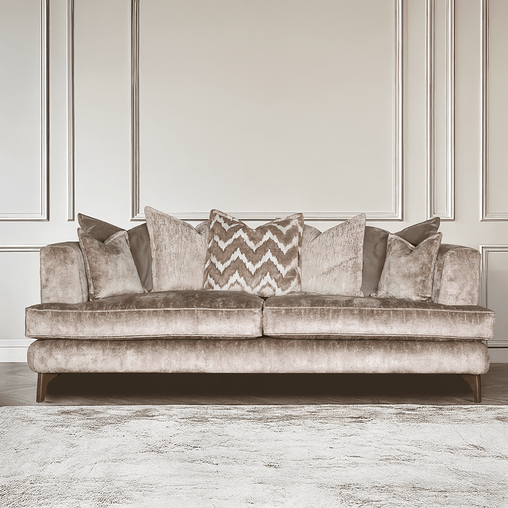 Gisele Mink Textured Chenille Pillowback Sofa Range with Walnut Legs Sofa