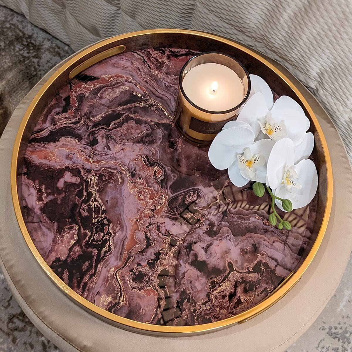 Gnache Bronze Round Marble Effect Decorative Tray Accessories