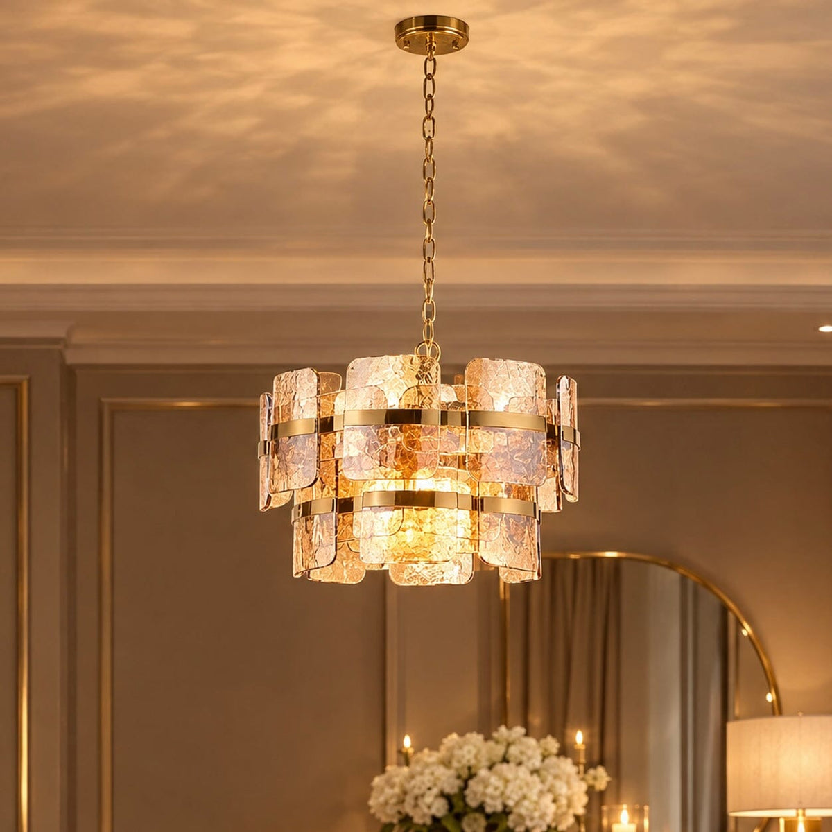Hailsey Amber Glass & Gold 2 Tier Pendant Ceiling Light Lighting