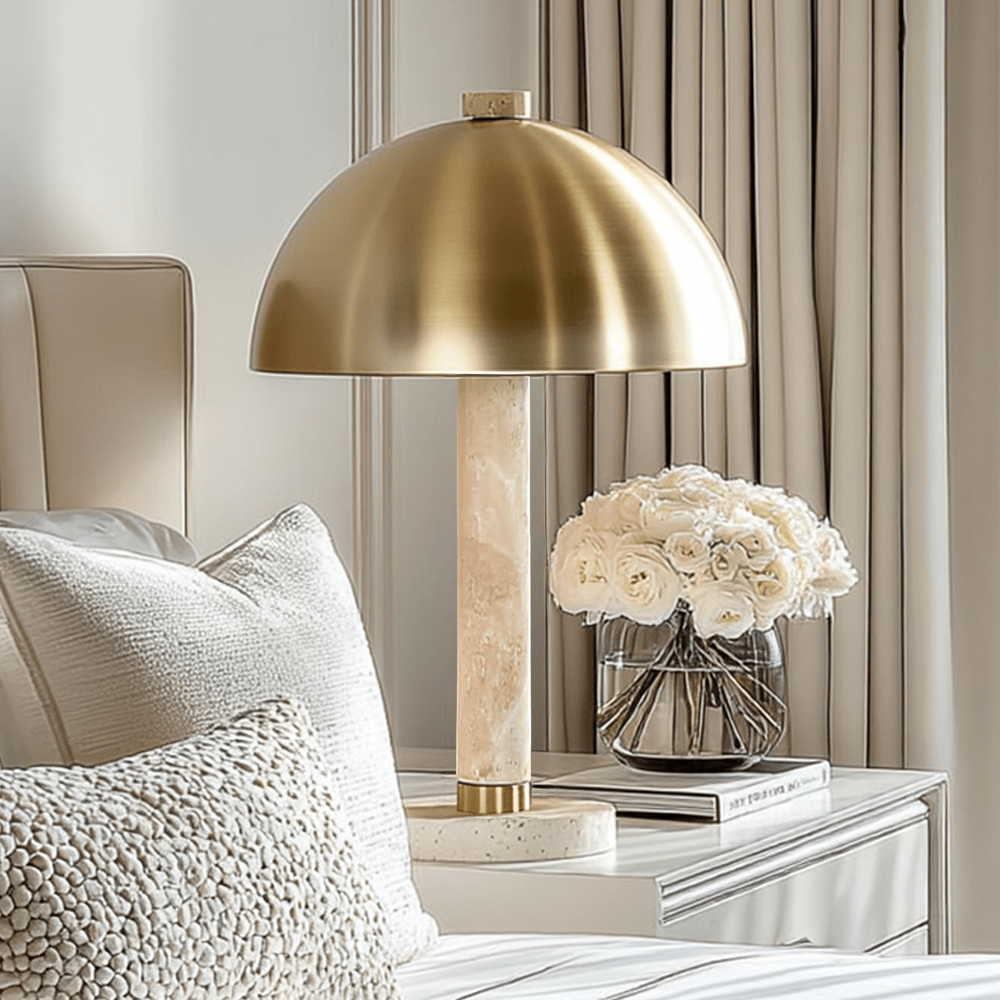 Hannah Travertine Marble Table Lamp with Brushed Gold Shade Lighting