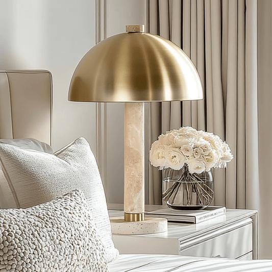 Hannah Travertine Marble Table Lamp with Brushed Gold Shade Lighting