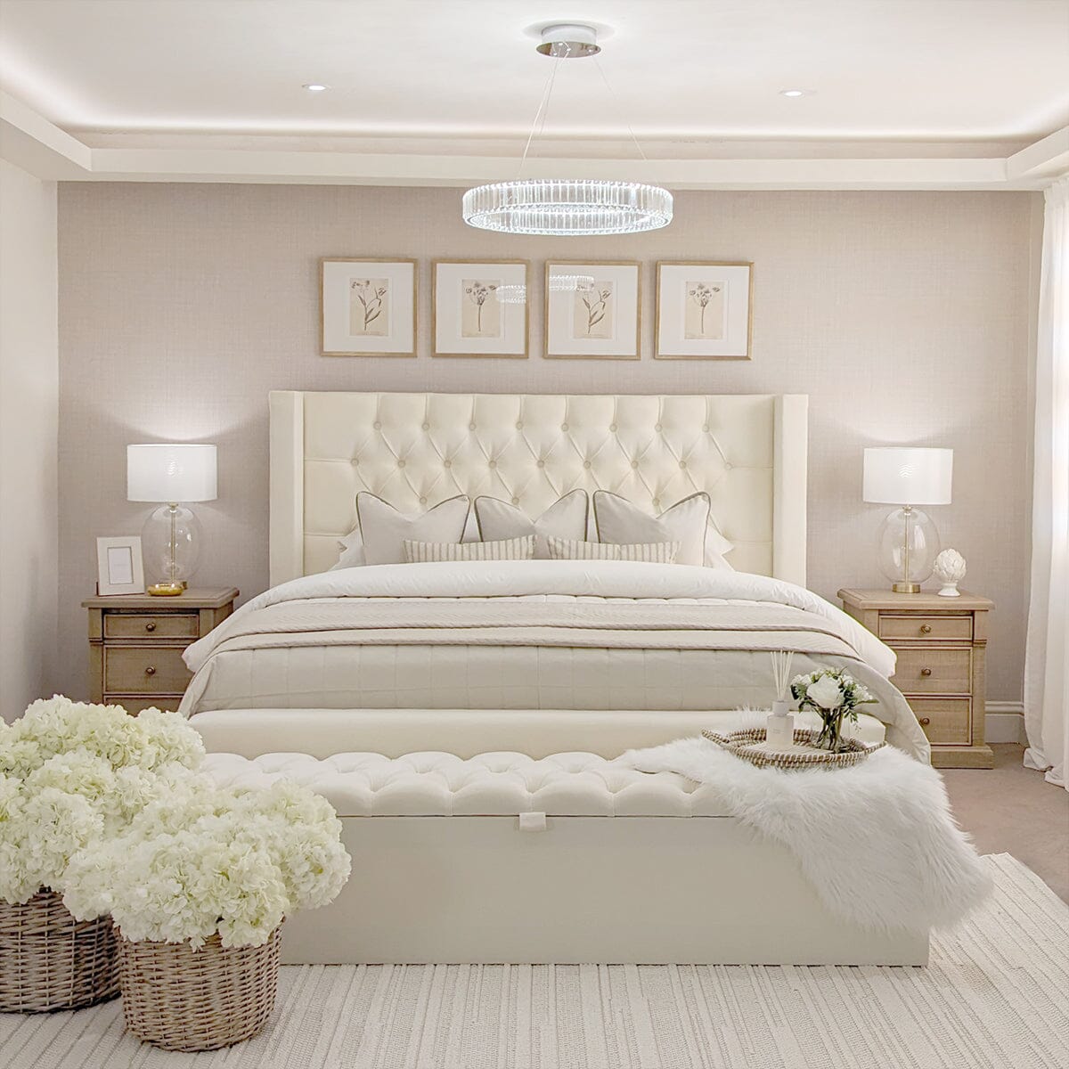 Harper Classic Luxury Ivory Textured Buttoned Winged Chunky Bed Beds and Headboards