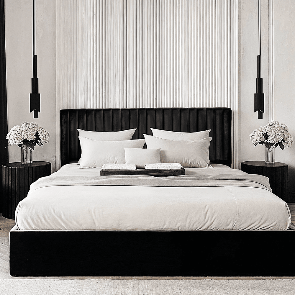 Harriet Black Velvet Channelled Ottoman Bed Beds and Headboards