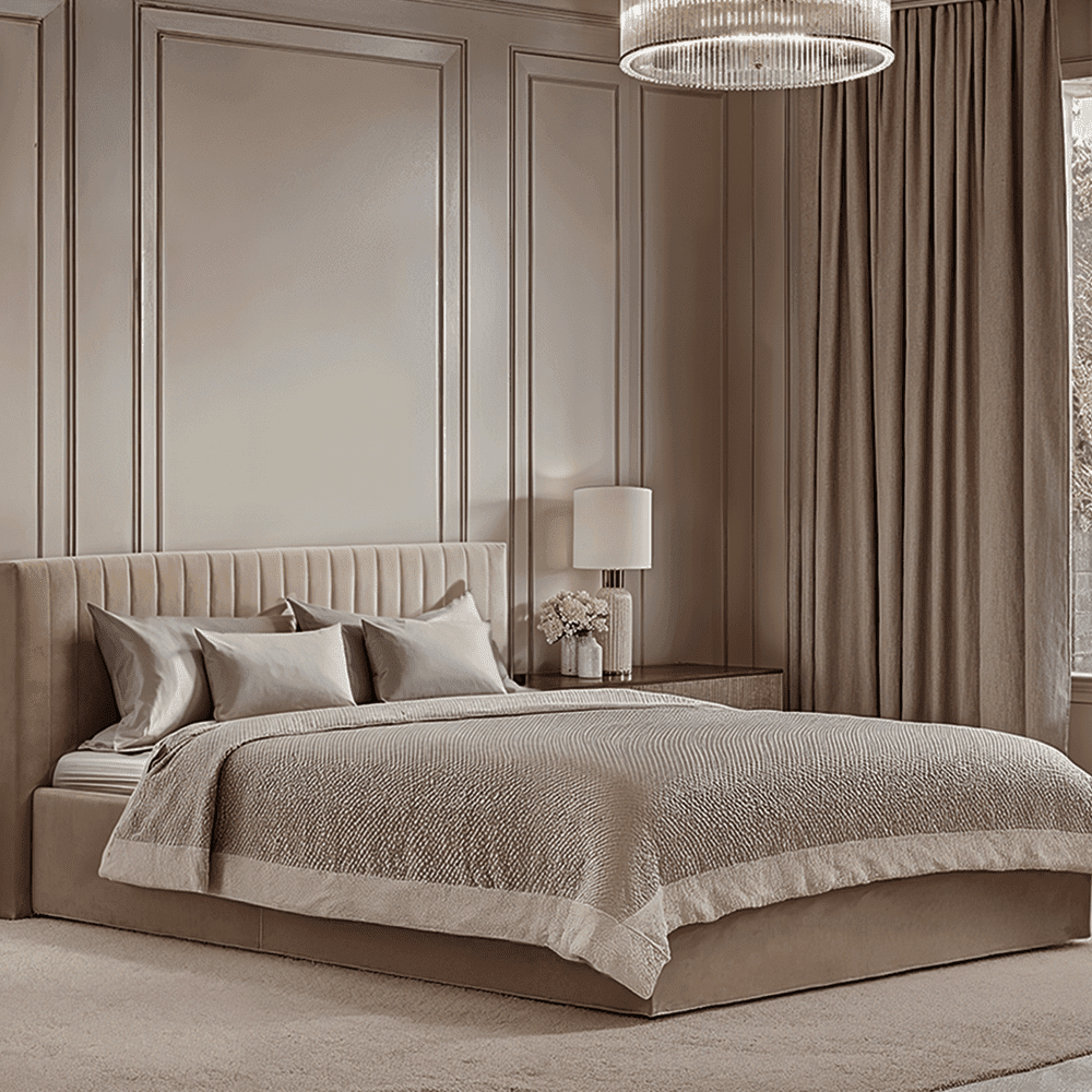 Harriet Low Beige Velvet Channelled Ottoman Bed Beds and Headboards
