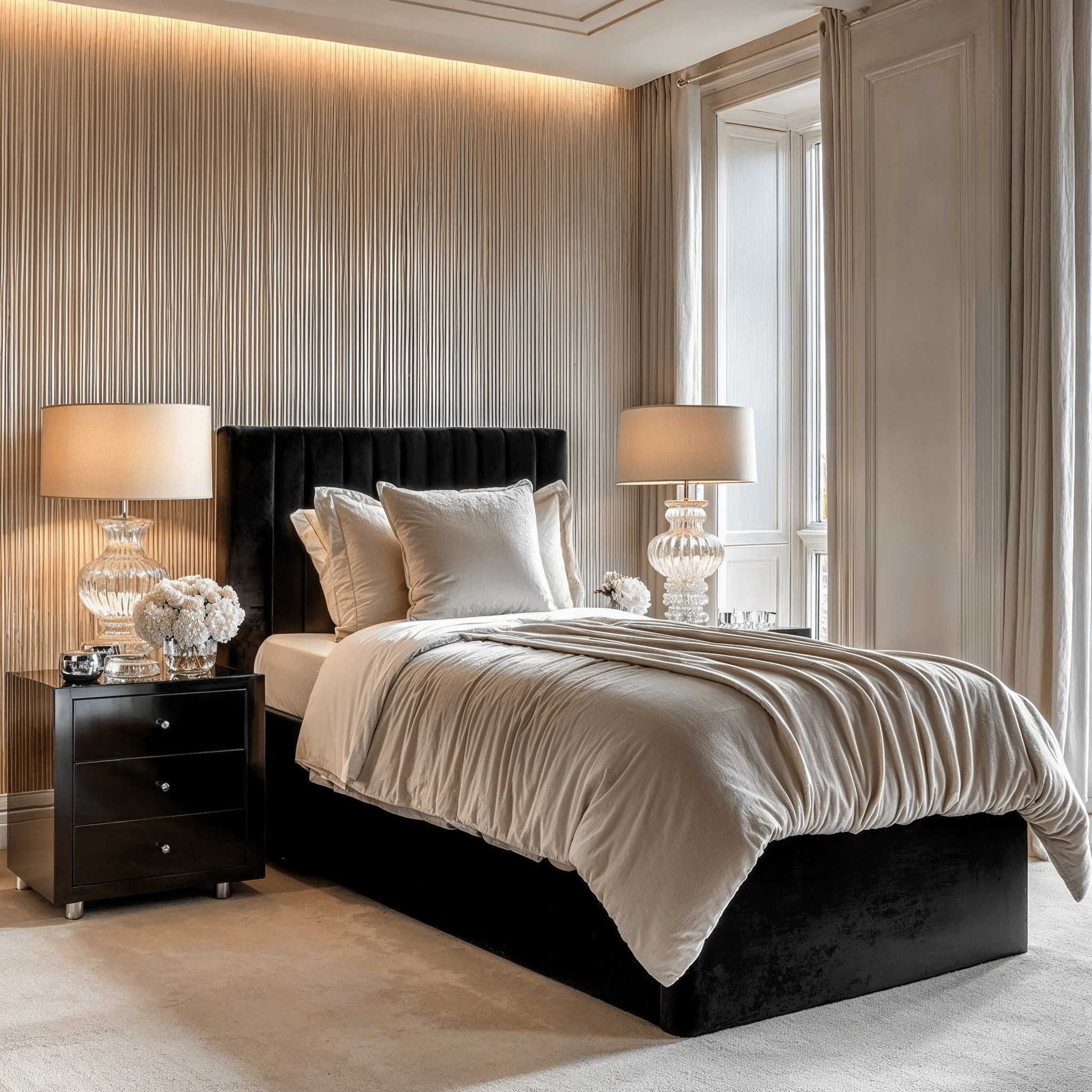 Harriet Single Low Black Velvet Channelled Ottoman Bed Beds and Headboards