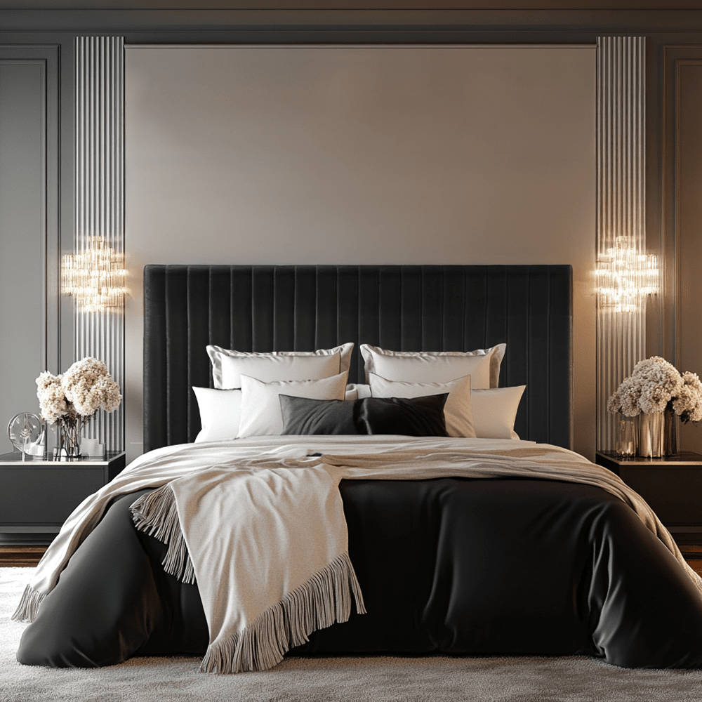 Harriet Tall Black Velvet Channelled Ottoman Bed Beds and Headboards