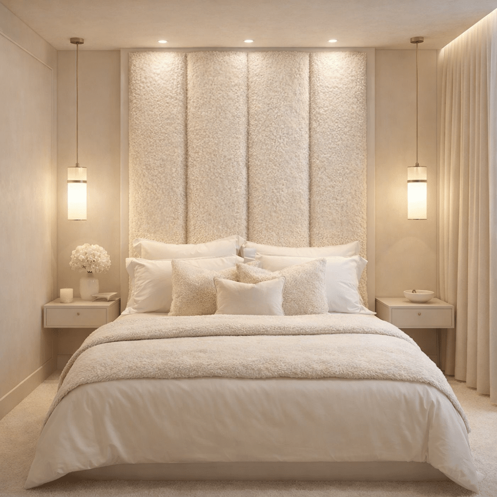 Harrington Cream Soft Teddy Channelled Headboard with Off White Frame Beds and Headboards