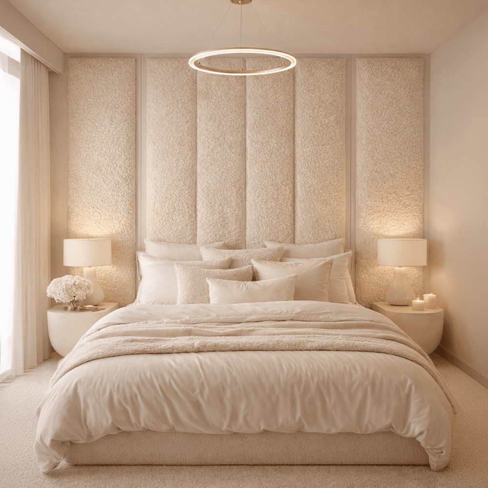 Harrington Cream Soft Teddy Channelled Headboard with Off White Frame & Wings Beds and Headboards