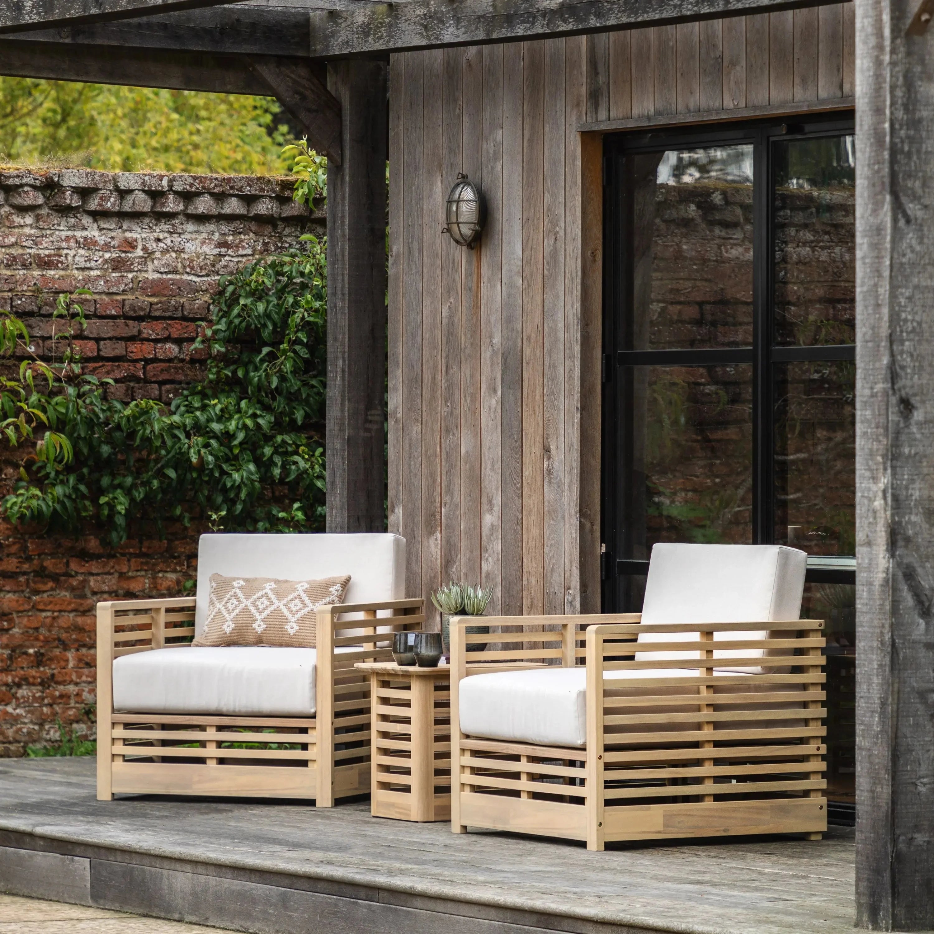 Havana Outdoor Cream & Lightwash Acacia Wood 2 Chair Lounge Set Outdoor