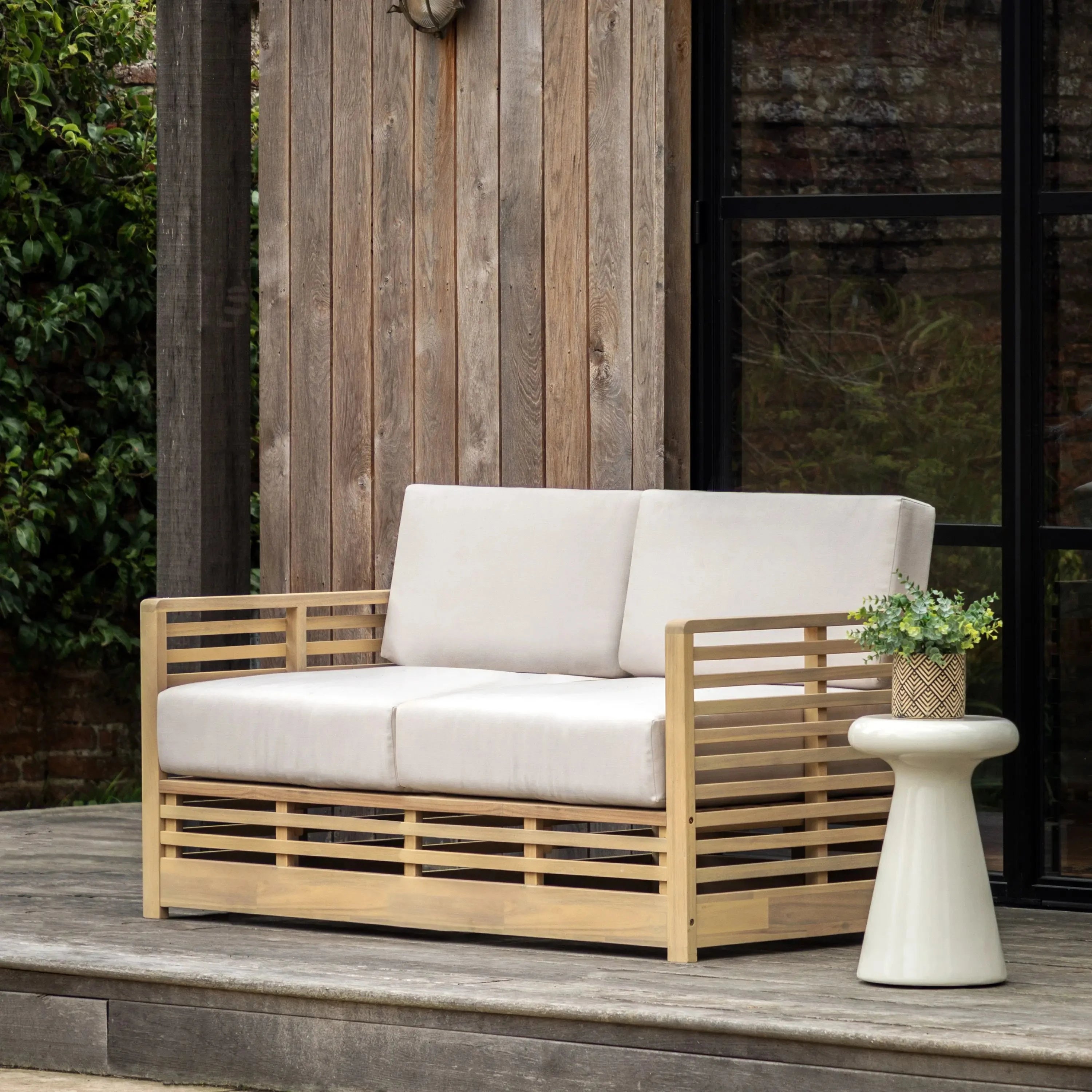 Havana Outdoor Cream & Lightwash Acacia Wood 2 Seater Sofa Outdoor