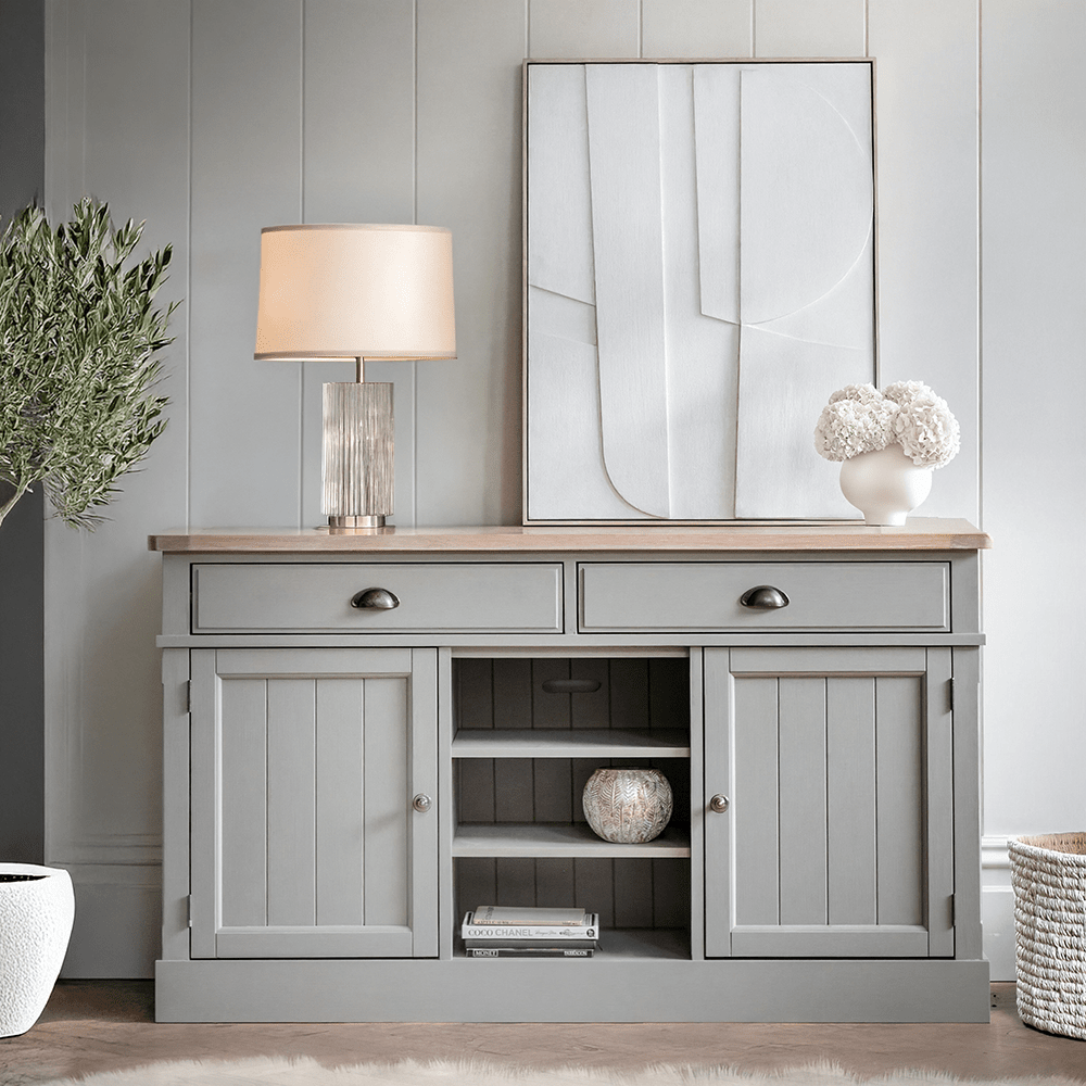 Highclere Sage Green Painted 2 Door 2 Drawer Sideboard with Oak Top Furniture
