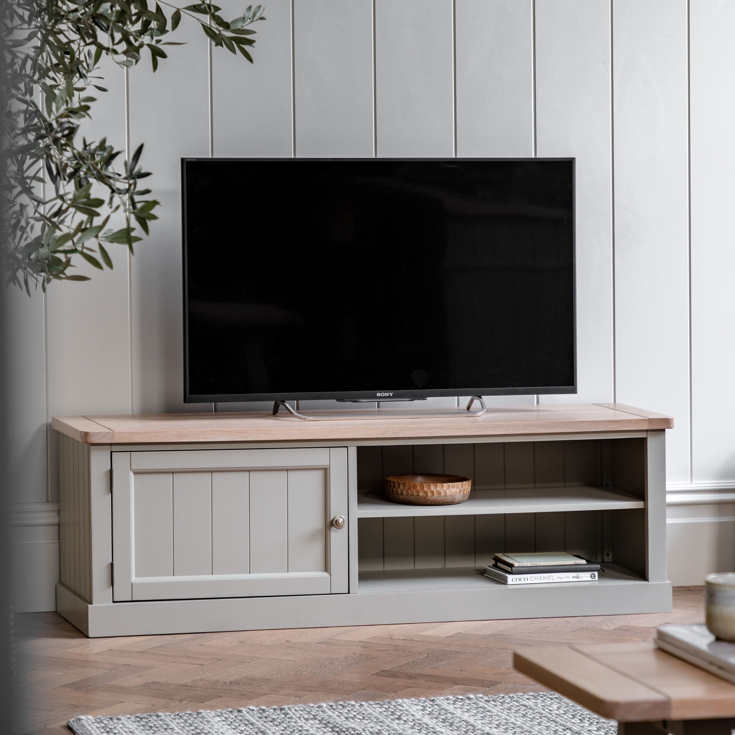 Highclere Sage Green Painted Media Unit with Oak Top Furniture