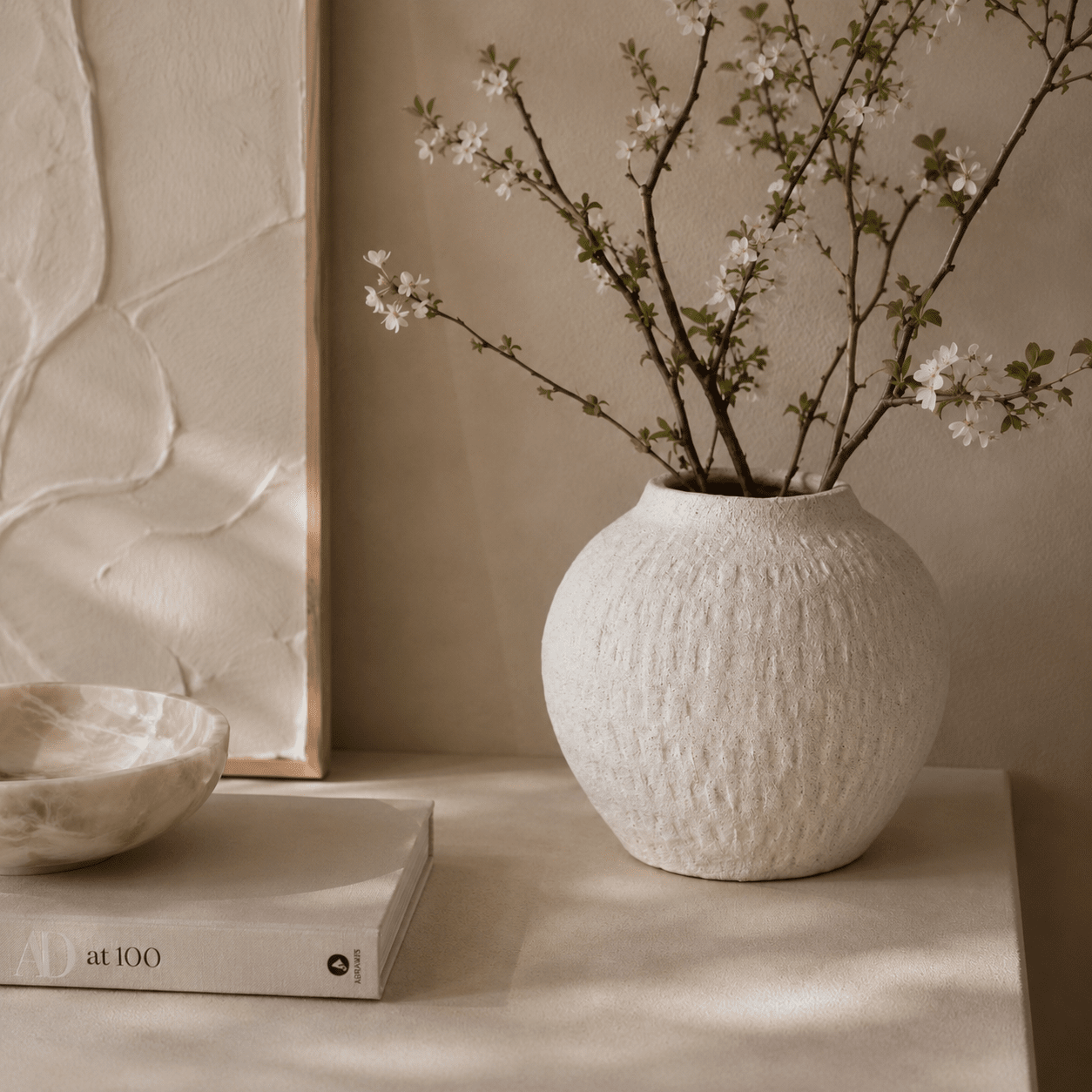 Immie White Stone Textured Round Vase Accessories