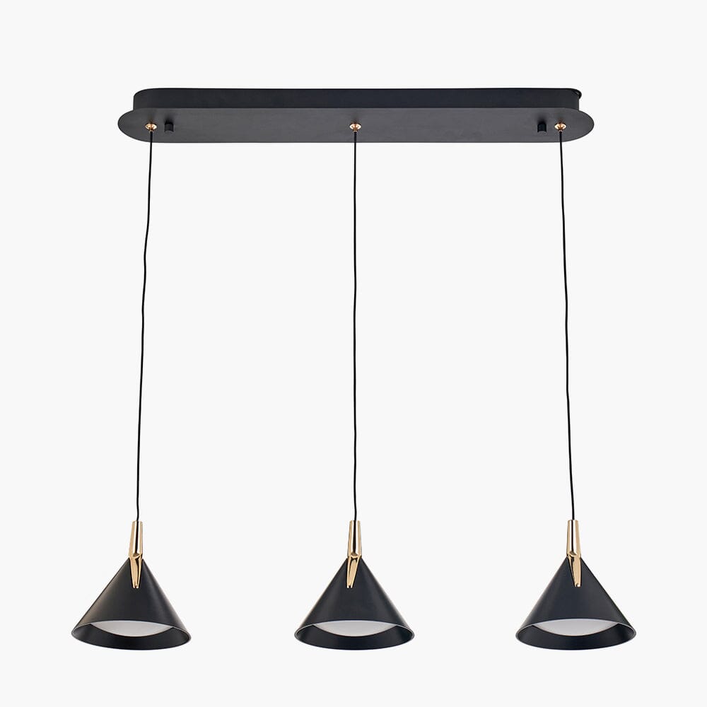Imogen Matt Black & Gold 3 Drop Linear Pendant Ceiling Light Lighting