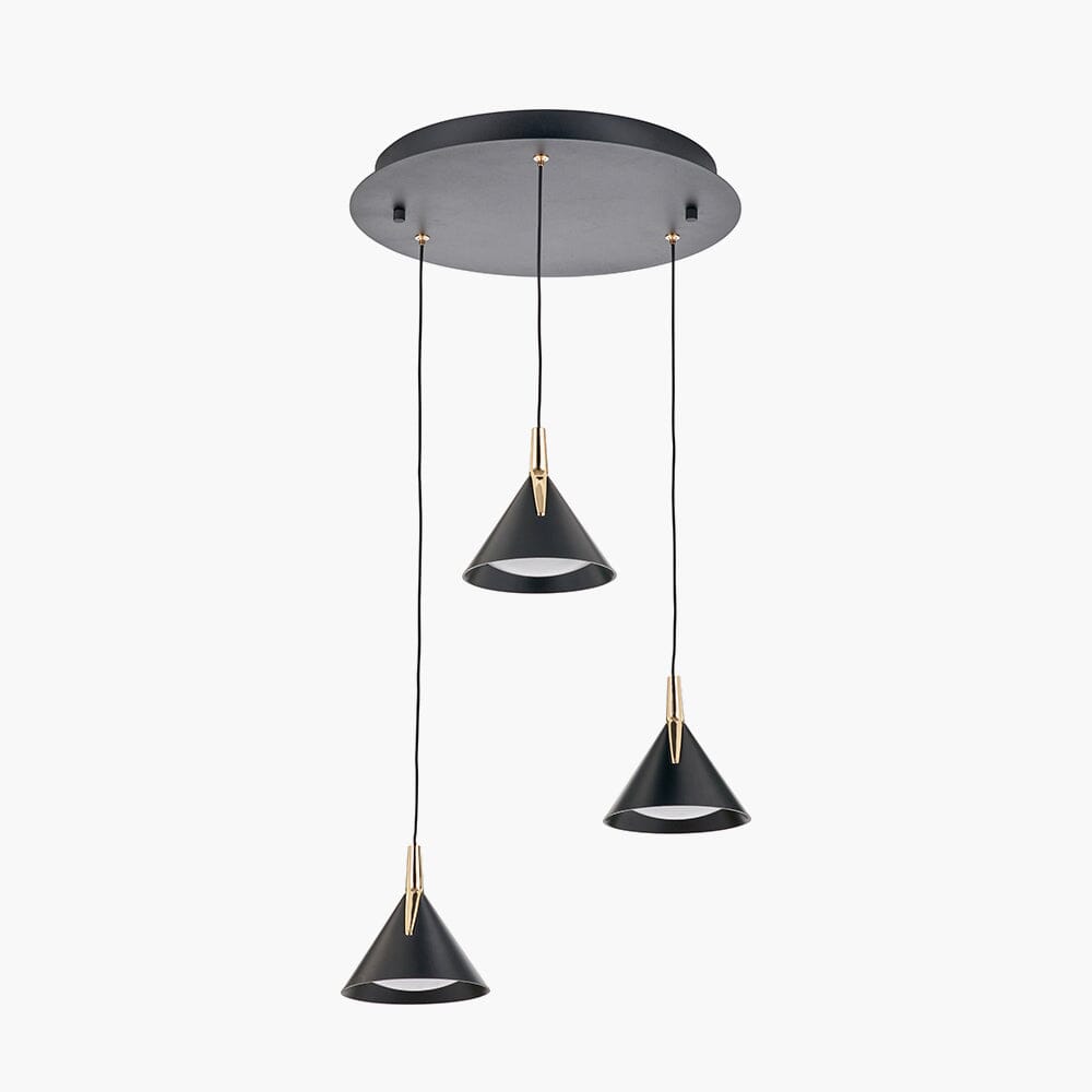 Imogen Matt Black & Gold 3 Drop Round Pendant Ceiling Light Lighting