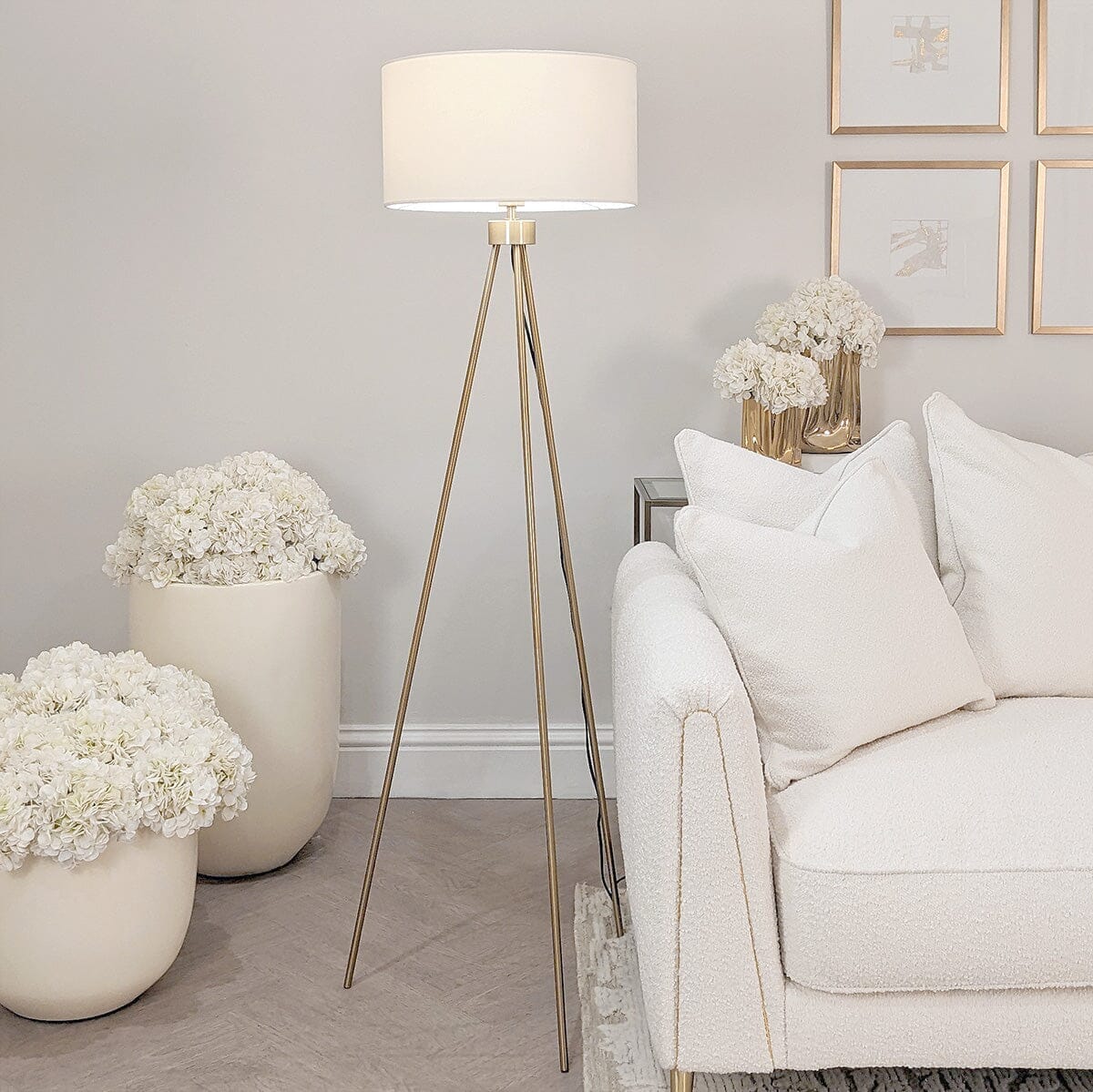 In Stock - Akira Gold Tripod Floor Lamp with Ivory Shade Lighting