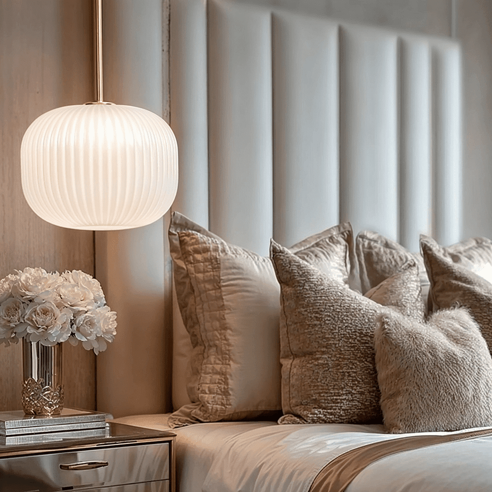 In Stock - Bellamy White Glass & Gold Ribbed Glass Circular Pendant Ceiling Light Lighting