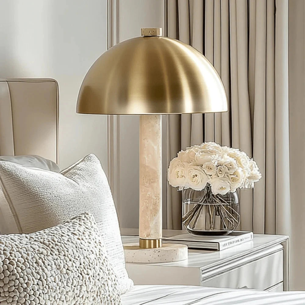 In Stock - Hannah Travertine Marble Table Lamp with Brushed Gold Shade Lighting