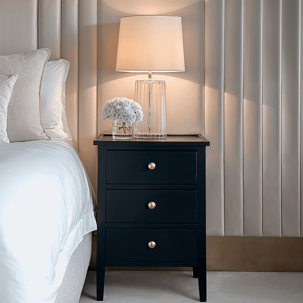 In Stock - Henrik Black 3 Drawer Bedside Table with Gold Handles Furniture