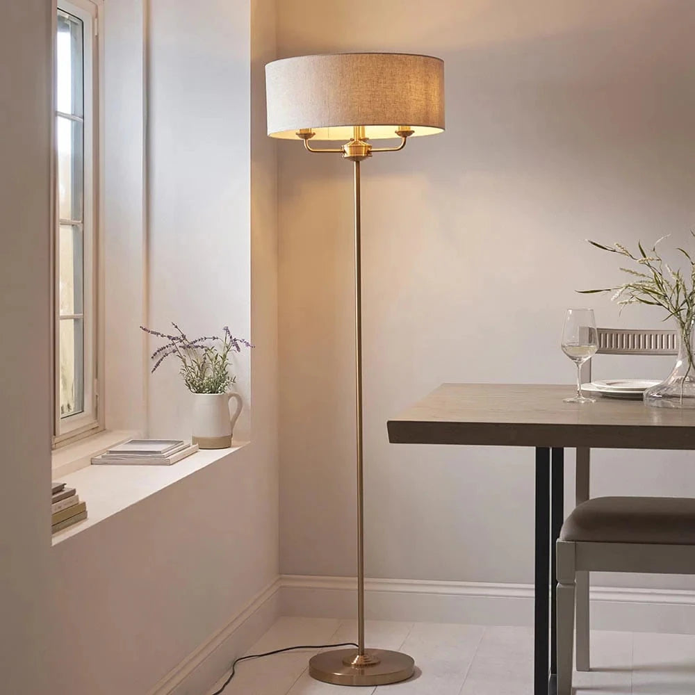 In Stock - Juniper 3 Light Brass Floor Lamp with Neutral Shade Lighting