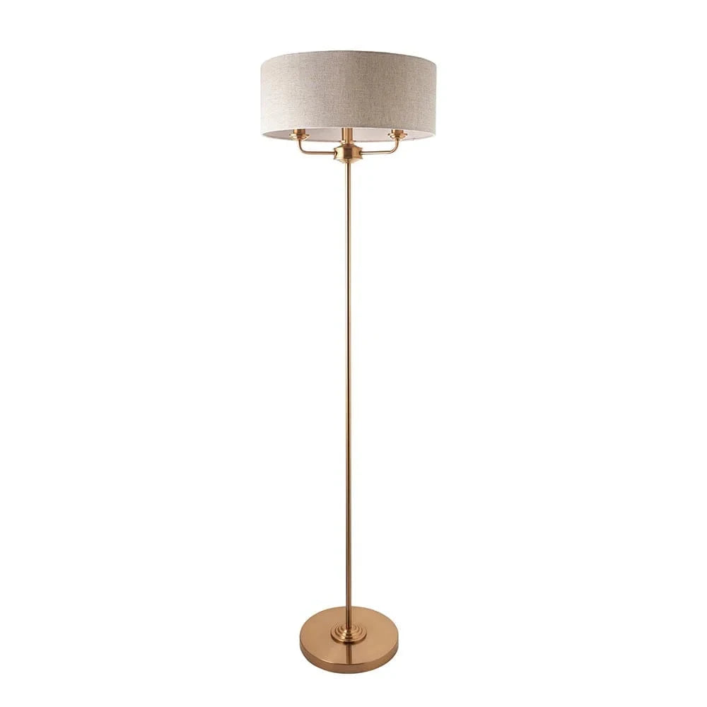 In Stock - Juniper 3 Light Brass Floor Lamp with Neutral Shade Lighting