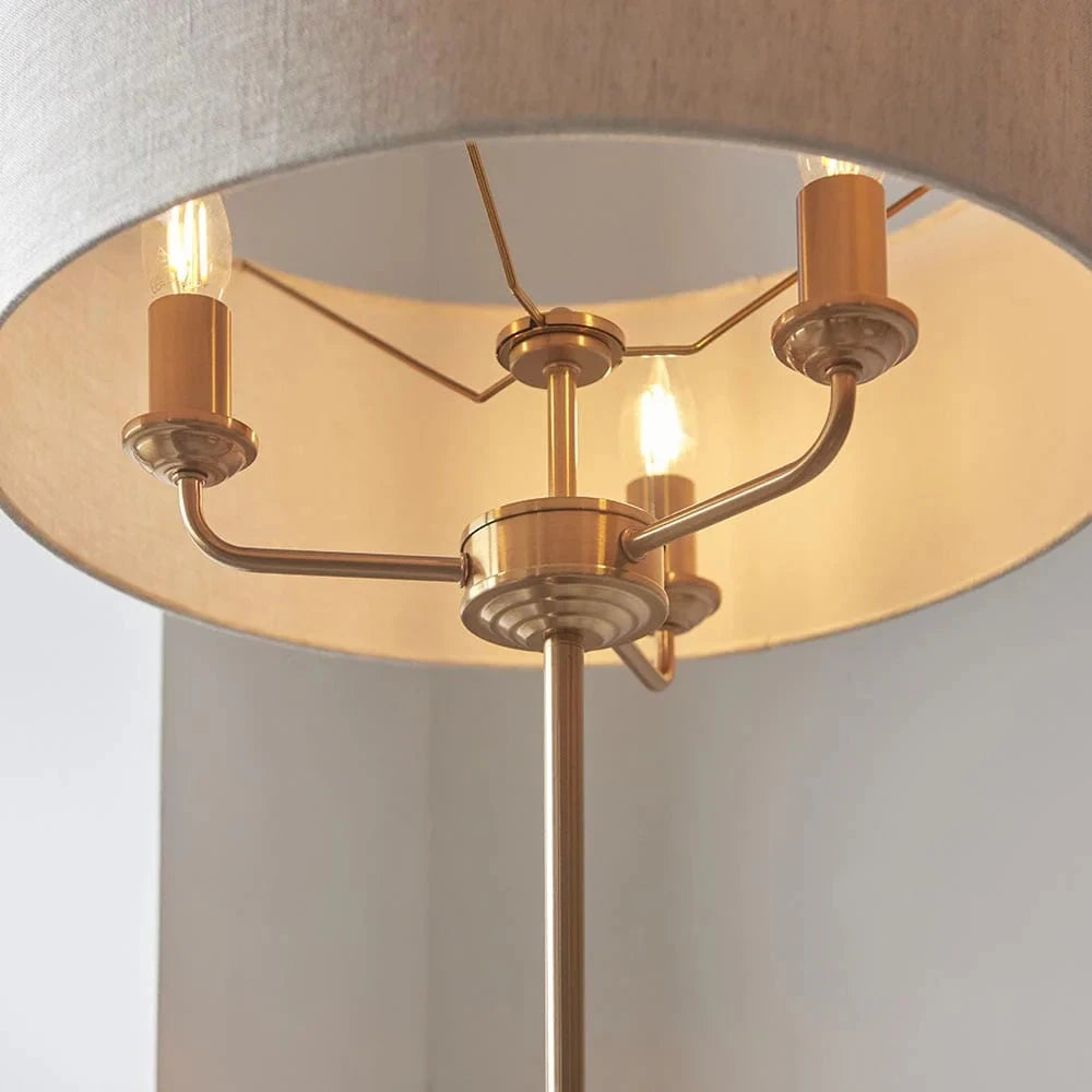 In Stock - Juniper 3 Light Brass Floor Lamp with Neutral Shade Lighting