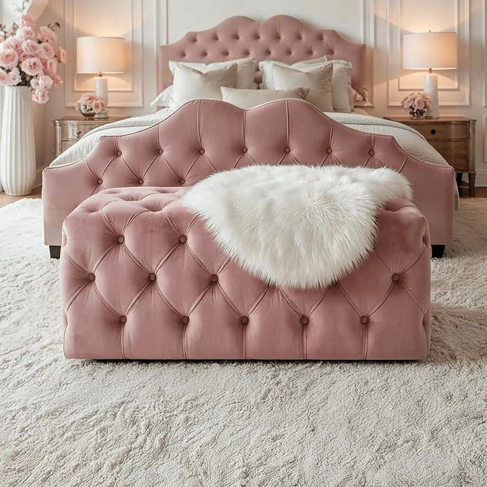 In Stock - Langley Blush Pink Buttoned Bench Furniture