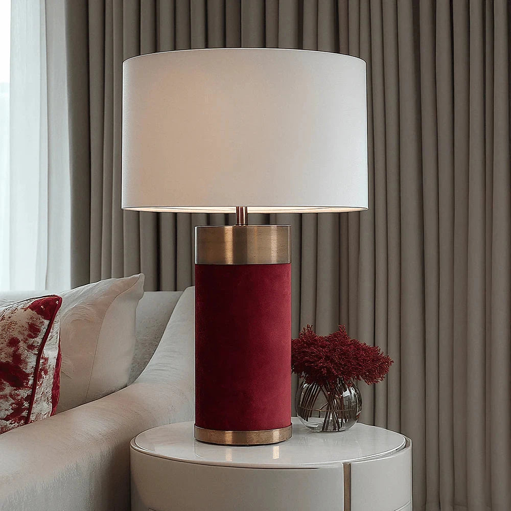 In Stock - Margaux Burgundy & Antique Brass Velvet Table Lamp Lighting