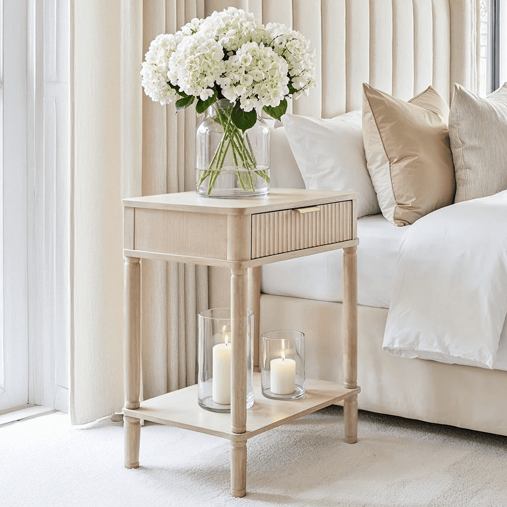 In Stock - Nydia Cream Ribbed 1 Drawer Bedside Table Furniture