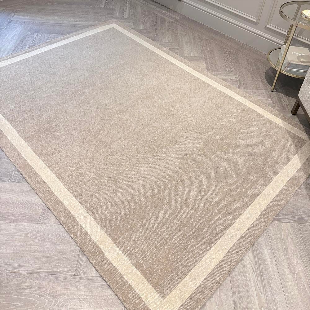 In Stock - Tamsin Taupe Wool Rug with Cream Border -160x230cm