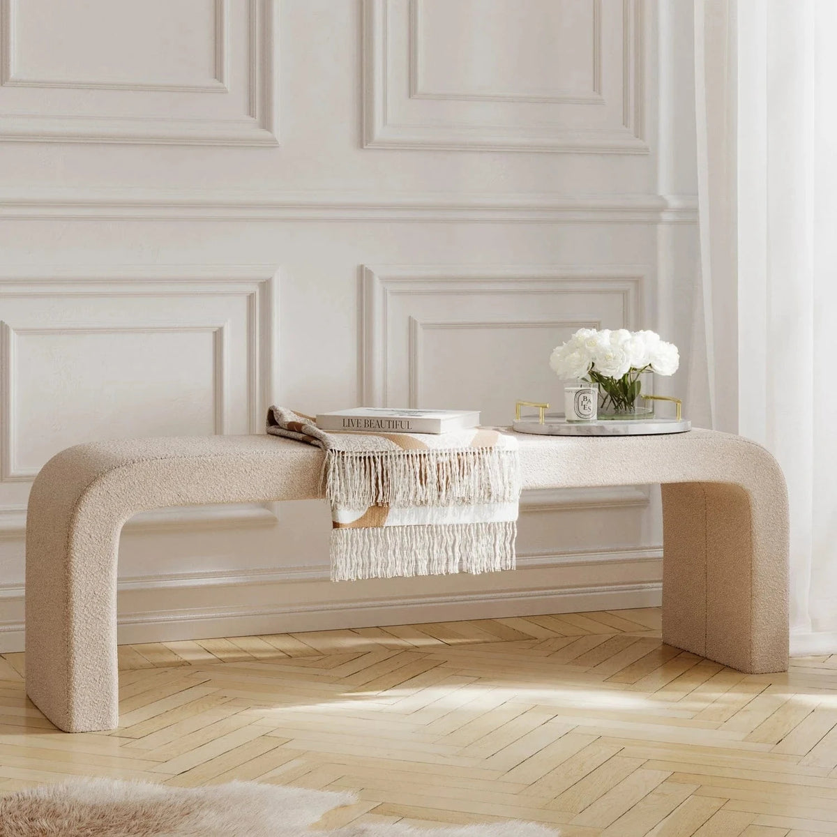 In Stock - Valiona Cream Boucle Curved Bench Furniture