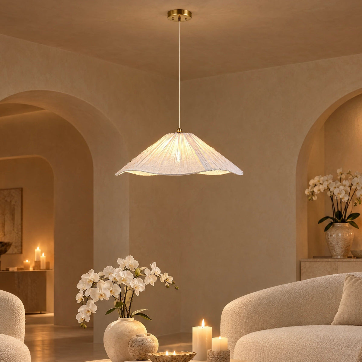 Jasmine Large Cream Fabric Wavy Edge Pendant Ceiling Light Lighting